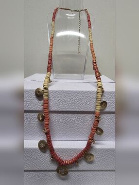 Chico's Kayla Charmy Pink, Coral and Cream Heishi Necklace with Gold Discs